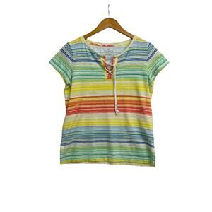 Talbots Striped Top Women's Size Small Yellow Cap Sleeve Stretch Lace Up Beach